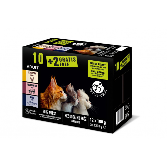 PETREPUBLIC Chicken, beef, fish - mokré krmivo pro kočky 10 + 2 gratis! - 12x 100g