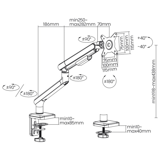 Ergo Office držák LCD monitoru, plynová pružina, VESA 75x75 a 100x100, 17-32" 9kg, ER-751