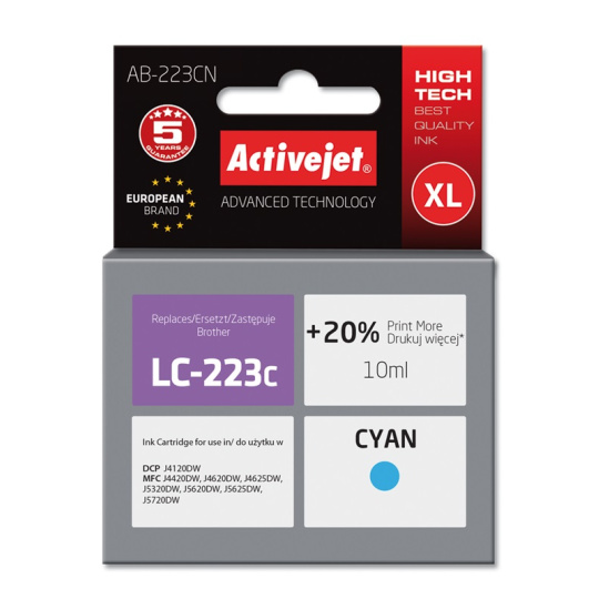 Activejet Inkoust AB-223CN (náhrada za Brother LC223C; Supreme; 10 ml; modrý)