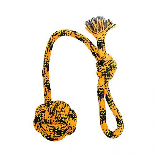 Vrhací bavlněné lano s míčem HipHop Dog ROPE o 7cm / 48 cm, neon oranžová, černá, žlutá