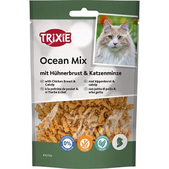 Ocean Mix, minirybičky s kuřecími prsíčky a catnipem, obsah masa 27 %,  50 g