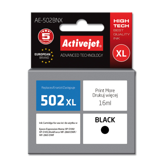 Activejet Inkoust AE-502BNX (náhradní inkoust Epson 502XL W14010; Supreme; 16 ml; černý)