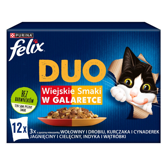 Felix Fantastic Duo Country Flavours s hovězím a drůbežím, kuřecím, Tzatziki, jehněčím, telecím, krůtím a játry v želé -12 x 85g