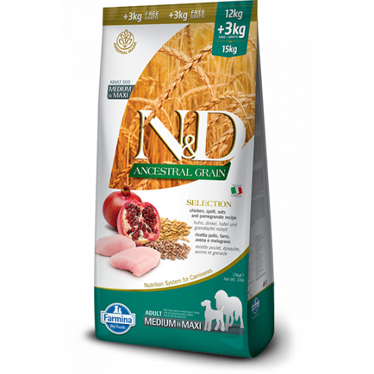 N&D LG DOG Adult M/L Chicken & Pomegranate 12kg + 3 kg