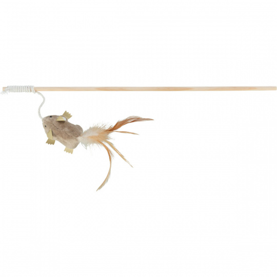 Dřevěná udice s plyšovou myší a peřím 50 cm