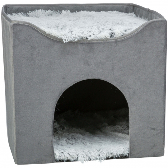 Kukaň HARVEY sametová se střešním lůžkem, 38 x 38 x 38 cm, šedá/bíločerná Kukaň HARVEY sametová se střešním lůžkem, 38 x 38 x 38 cm, šedá/bíločerná