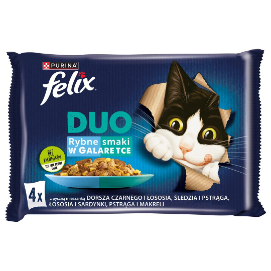 Felix Fantastic Duo- černá treska, losos, sleď, pstruh, losos, sardinky, pstruh, makrela v želé - 4x85g