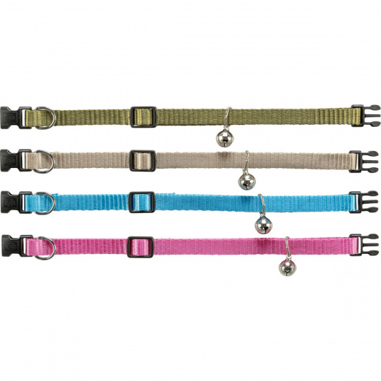 Nylonový nastavitelný obojek pro kočku, s rolničkou, khaki/béž/tyrkys/růž