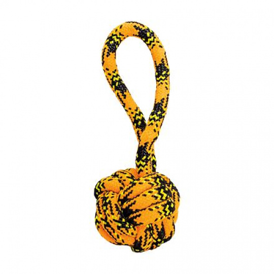 Přetahovadlo s uzlovaným míčem HipHop Dog ROPE ø 7cm /20 cm, neon oranžová/černá/žlutá Přetahovadlo s uzlovaným míčem HipHop Dog ROPE ø 7cm /20 cm, neon oranžová/černá/žlutá