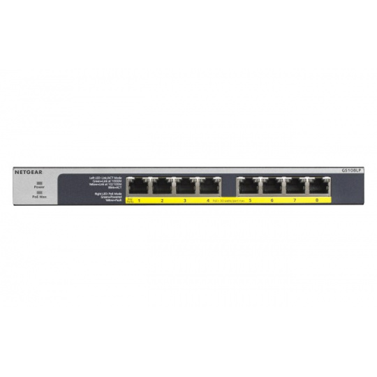 NETGEAR GS108LP Nespravované Gigabit Ethernet (10/100/1000) Podpora napájení po Ethernetu (PoE) 1U Černá, Šedá