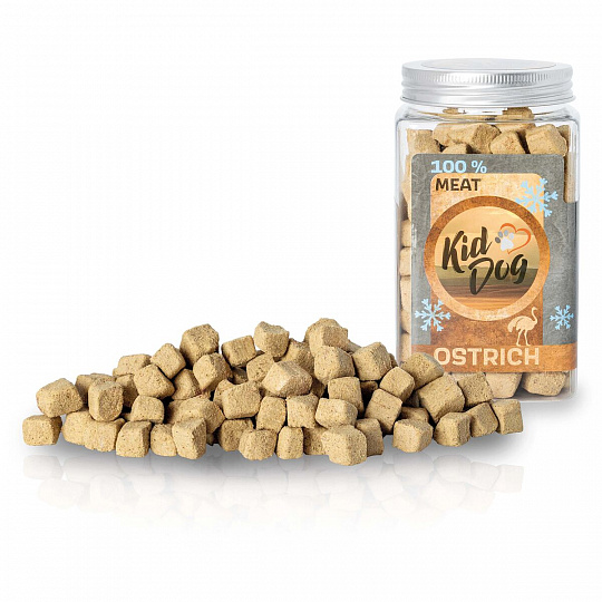 KIDDOG Super Premium 100% freeze dried OSTRICH CUBES - čisté pštrosie mäso sušené mrazom 100 g