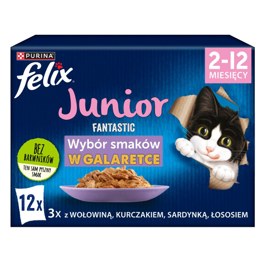 Felix Fantastic Želatinové krmivo pro koťata Hovězí, kuře, losos, sardinka - 12x 85 g