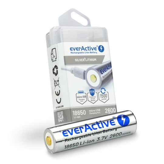 Baterie everActive 18650 3,7V Li-ion 2600mAh micro USB s ochranným BOXEM