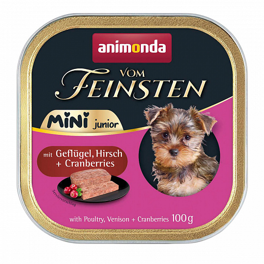ANIMONDA paštéta Vom Feinsten MINI Junior - hydina, divina, brusnice pre psy 100 g