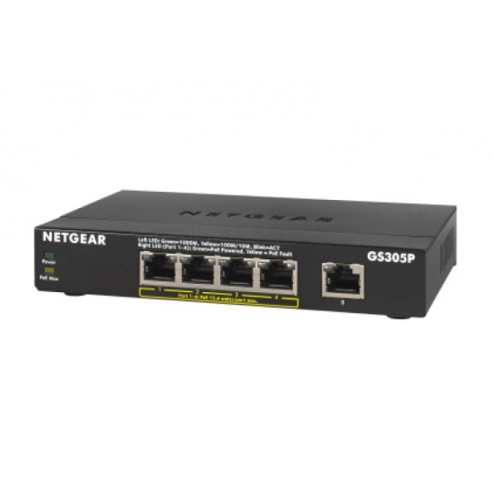 NETGEAR GS305Pv2 Nespravované Gigabit Ethernet (10/100/1000) Podpora napájení po Ethernetu (PoE) Černá