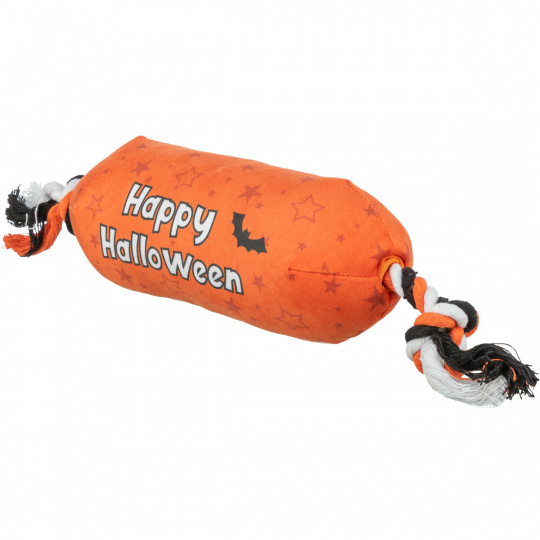 Válec HALLOWEEN, plyšová hračka se zvukem, na laně, 30 cm, oranžová - LIMITOVANÁ NABÍDKA