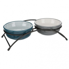 Set keramických misek v kovovém stojánku, 2 × 0.25 l/ø 13 cm, petrolejová/šedá Set keramických misek v kovovém stojánku, 2 × 0.25 l/ø 13 cm, petrolejová/šedá