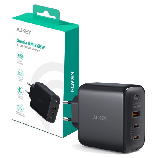 AUEKY Omnia II Mix PA-B6T Síťová nabíječka 1x USB 2x USB-C Power Delivery 3.0 65W Černá