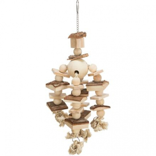 Závěsná hračka s dřevěnými kostkami a kuličkami na uzlících