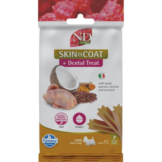 Pamlsok Farmina Quinoa Dog Skin Coat Quail Adult Mini 60g