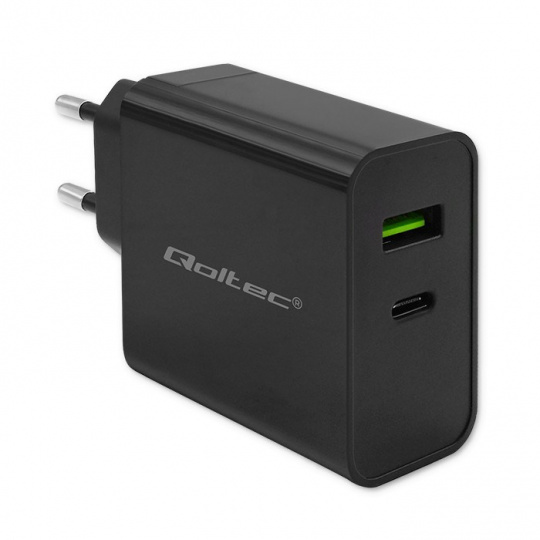 Qoltec 52378 Super rychlá PD nabíječka | 1xUSB-C | 1xUSB | 45W | 5-20V | 2,25-3A | Černá