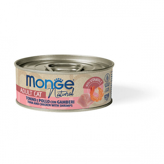MONGE NATURAL tuňák s kousky kuřete a krevetami pro kočky 80 g