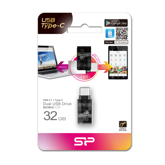 Silicon Power Mobile C31 USB paměť 32 GB USB Type-A / USB Type-C 3.2 Gen 1 (3.1 Gen 1) Černá, Stříbrná