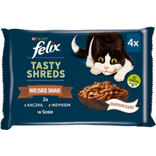 FELIX Tasty Shreds s kachním a krůtím masem - 4x 80g