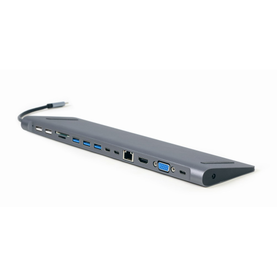 Gembird A-CM-COMBO9-01 USB Type-C 9-v-1 multiportový adaptér (USB hub + HDMI + VGA + PD + čtečka karet + LAN + 3,5 mm audio), vesmírně šedá