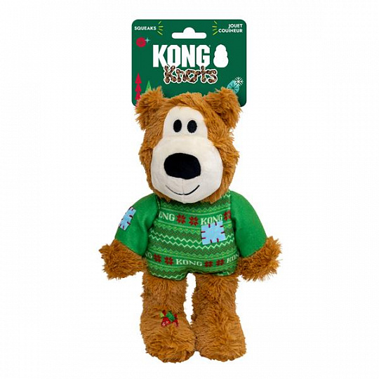 Hračka KONG Holiday Wild Knots Sweater Bear Green Md/Lg, s pískatkom, polyester