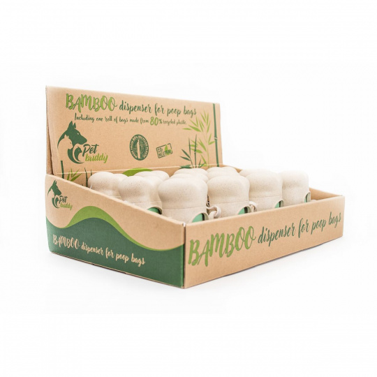 PetBuddy display 12 ks bambusových zásobníků se sáčky na exkrementy, 1 role/15 ks