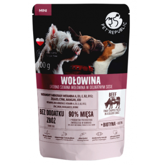 PET REPUBLIC Mini Jemně nakrájené hovězí maso - Mokré krmivo pro psy - 100 g