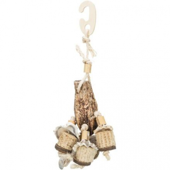 Závěsná přírodní hračka pro papoušky, mahagon/mušle, 26 cm Závěsná přírodní hračka pro papoušky, mahagon/mušle, 26 cm