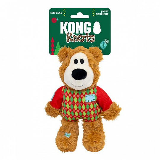Hračka KONG Holiday Wild Knots Sweater Bear Red Sm/Md, s pískatkom,polyester