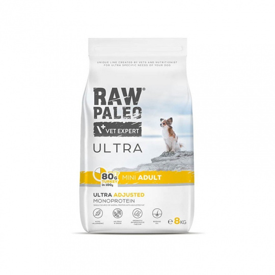 RAW PALEO Ultra Mini Adult Turkey - suché krmivo pro psy - 8 kg