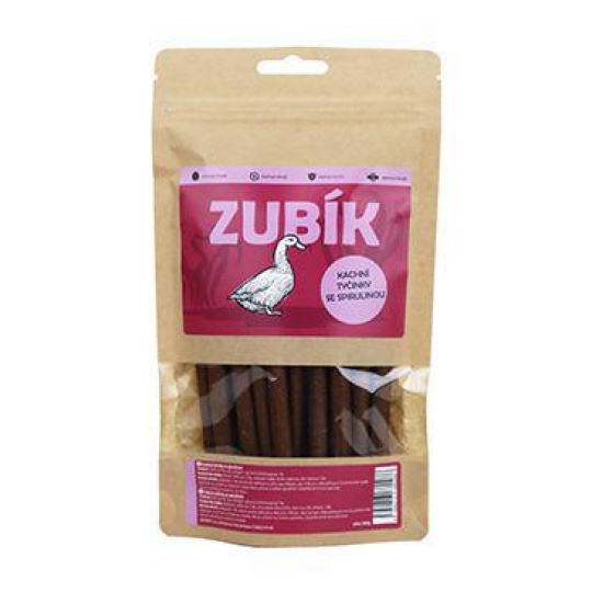 Pochoutka ZUBÍK Kachní tyčinky se spirulinou 200g Pochoutka ZUBÍK Kachní tyčinky se spirulinou 200g